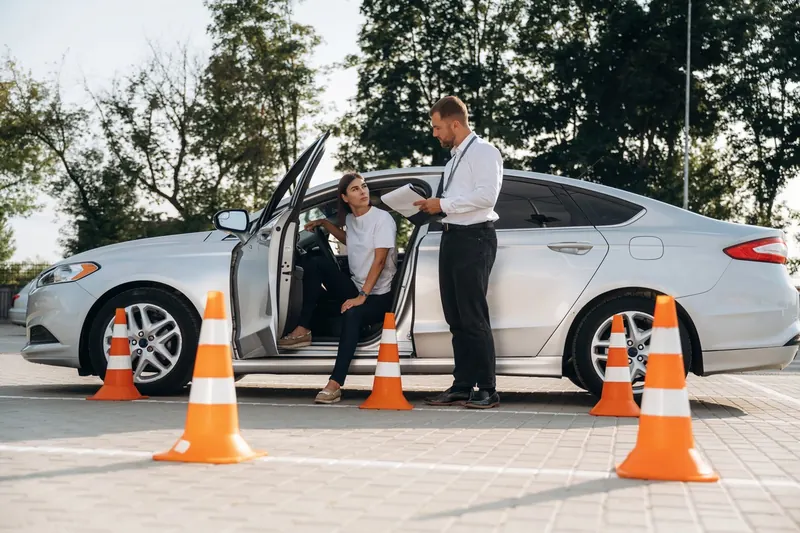Sürücü adayı ve eğitmeni eğitim aracı yanında