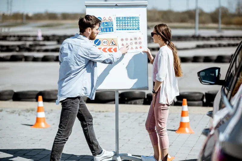 Trafik işaretlerini birlikte çalışan sürücü adayı ve eğitmen